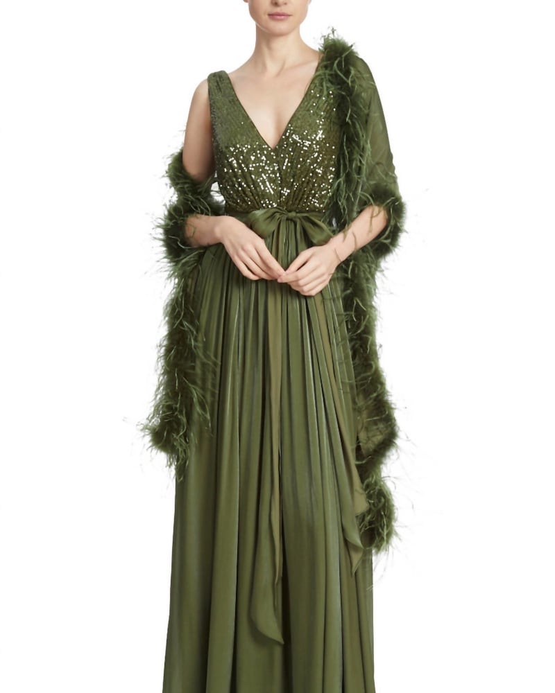 Front of a model wearing a size 16 Sequin Feather Wrap Gown In Moss in Moss by Badgley Mischka. | dia_product_style_image_id:344753